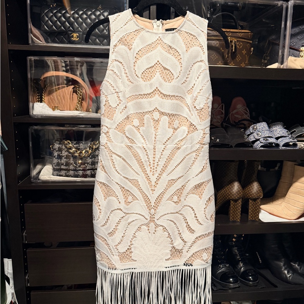 Lulu's White Lace Mini Dress with Fringe